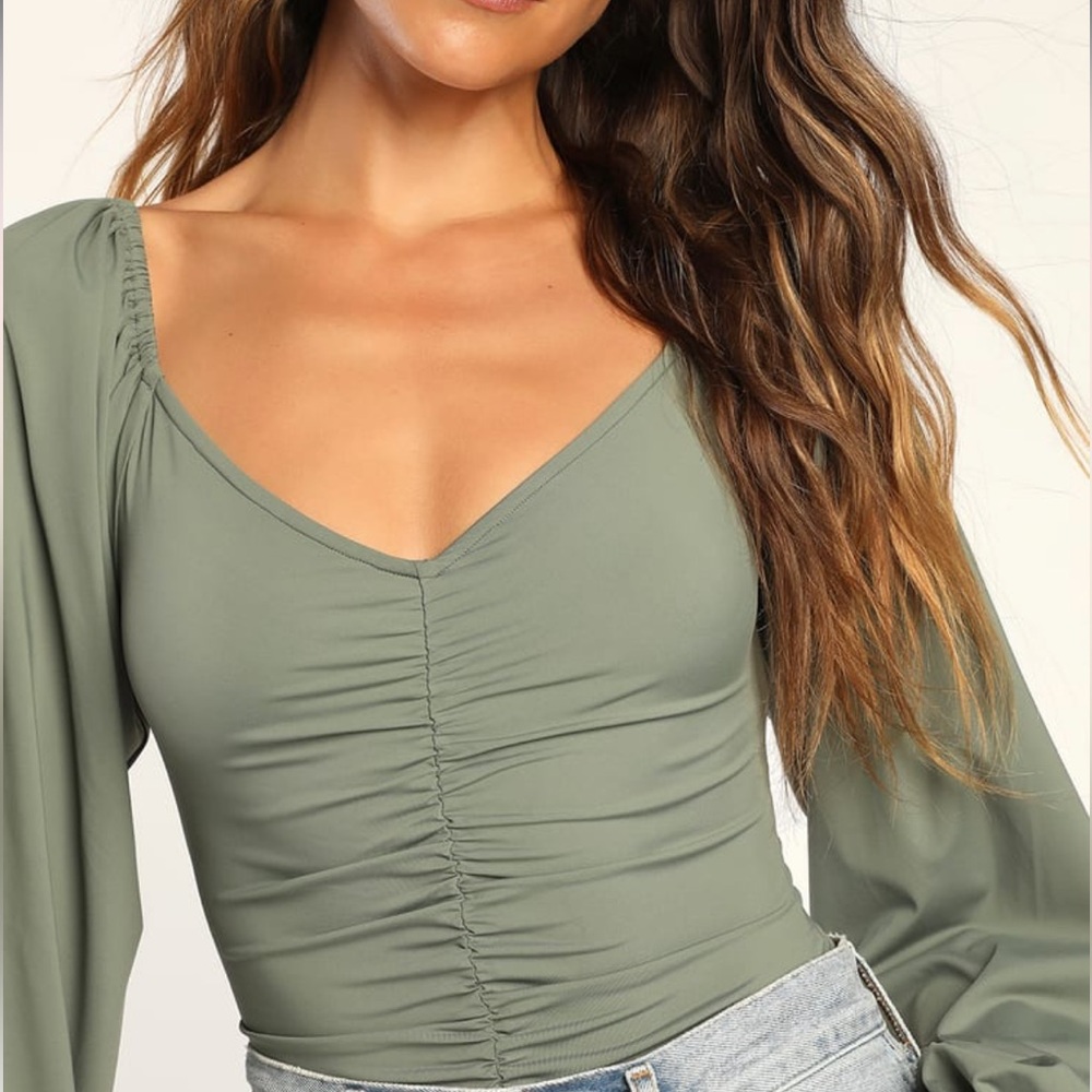 Certified Flirt Sage Green Ruched Long Sleeve Bodysuit - Picture 2 of 3